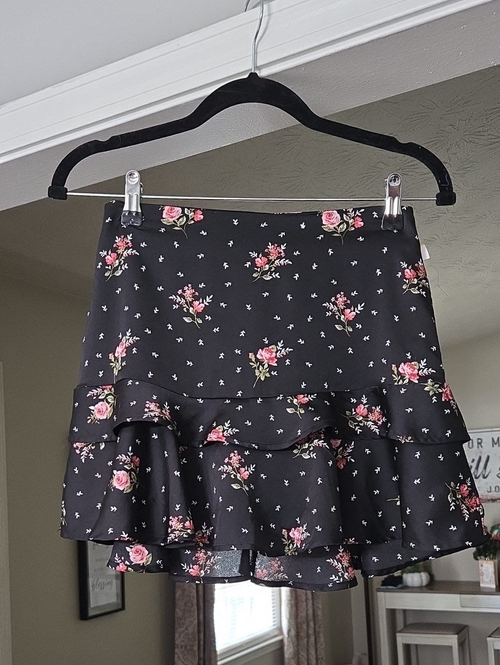 Forever 21 Black Mini Skirt with Pink Rose Print